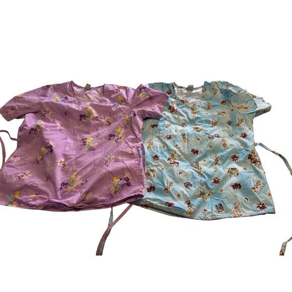 2 Disney Tinkerbell Print Scrub Tops M Cotton Purple & blue  pockets Tie v Neck - Picture 1 of 16